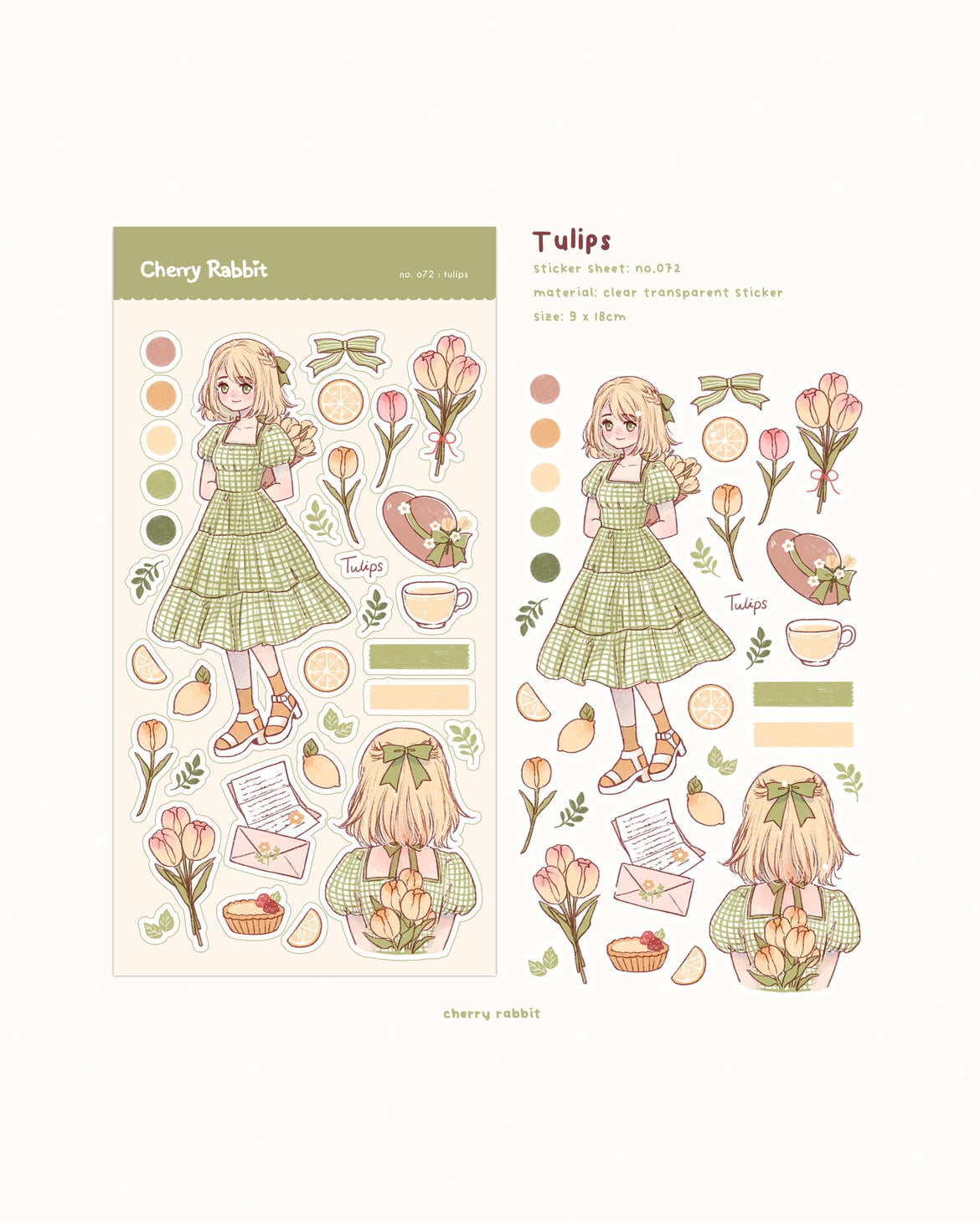 Cherry Rabbit Tulips Sticker Sheet No. 72
Kiss cut sticker sheet
Sheet size: 9 x 18 cm
Material: Washi sticker / Masking sticker