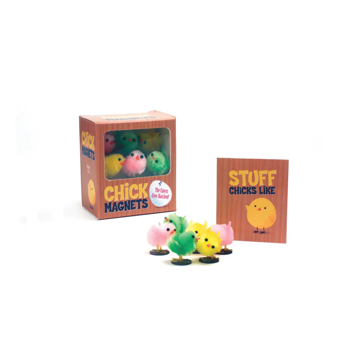 Contrary to what you're thinking, this kit includes exactly what it says: chicks -- that are magnets! Kit contains a half a dozen magnetic pom-pom chicks that are so precious you will want to stick them on any magnetic surface to add some "ridiculously cute" to your home or workplace. Also included is a sweet and amusing mini book, Stuff Chicks Like, fully illustrated throughout. This adorable kit is sure to be an irresistible impulse item at Easter time or anytime!