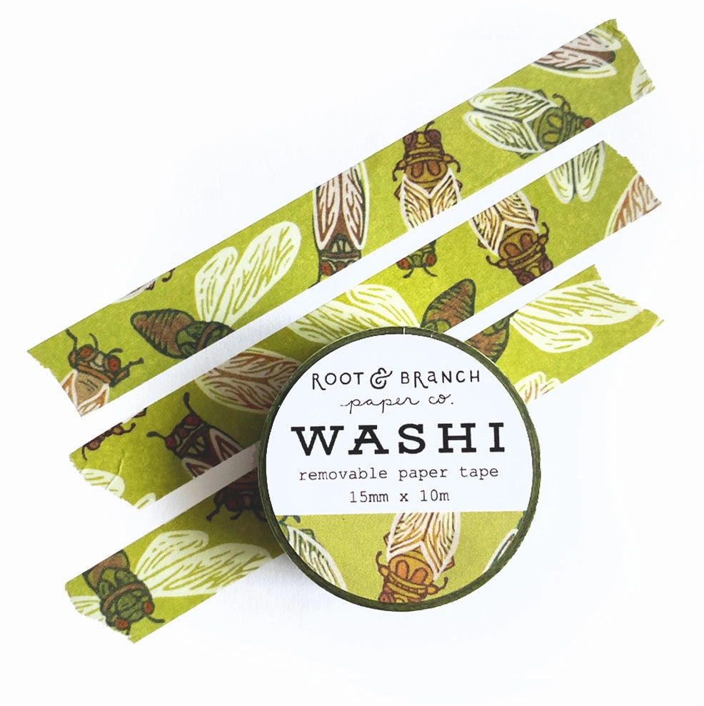 Our cicada washi tape is a vibrant green tape created in homage to the loudest bug on the block: the cicada! This is a lightweight decorative tape printed on traditional rice paper. It is removable and leaves no residue, making it perfect for scrapbooking, stationery, crafts and more. Featuring a collection of complementary nature inspired designs that bring a pop of color to all your projects! Perfect for gifting and arts + crafts displays.
Tape dimensions: 15mm x 10m, or 0.59” x 32.8’