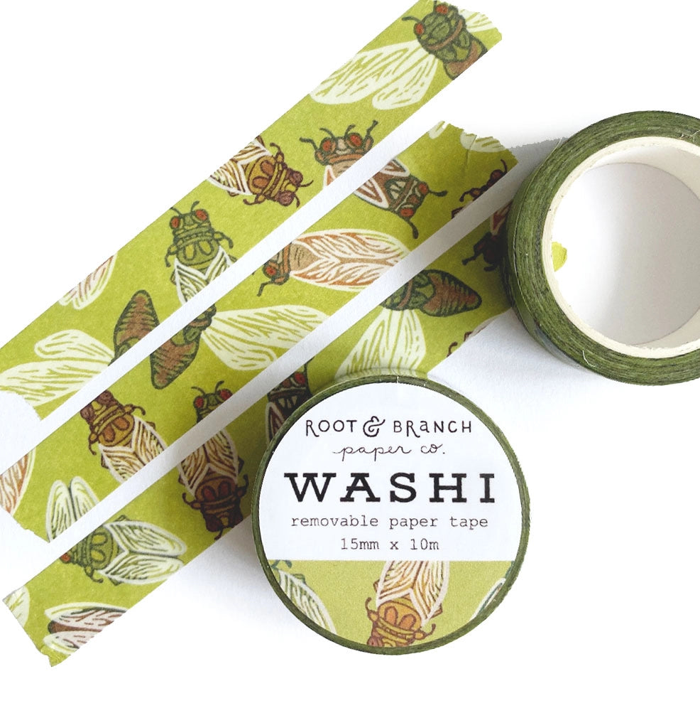 Our cicada washi tape is a vibrant green tape created in homage to the loudest bug on the block: the cicada! This is a lightweight decorative tape printed on traditional rice paper. It is removable and leaves no residue, making it perfect for scrapbooking, stationery, crafts and more. Featuring a collection of complementary nature inspired designs that bring a pop of color to all your projects! Perfect for gifting and arts + crafts displays.
Tape dimensions: 15mm x 10m, or 0.59” x 32.8’