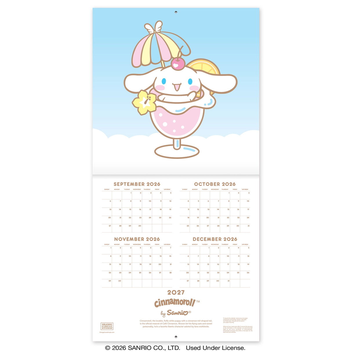 Make 2027 your best year yet with this classic 12" × 12" Cinnamoroll™ Wall Calendar (Jan.–Dec. 2027). Filled with adorable artwork, this 12-month calendar doubles as cheerful wall décor, brightening any space while helping you stay organized all year.
• 12"w x 12"h closed
• 12 months (Jan.–Dec. 2027) • 13 pages; 150 gsm acid-free, FSC®-certified paper
• Saddle-stitch binding
© 2026 SANRIO CO., LTD. Used Under License.