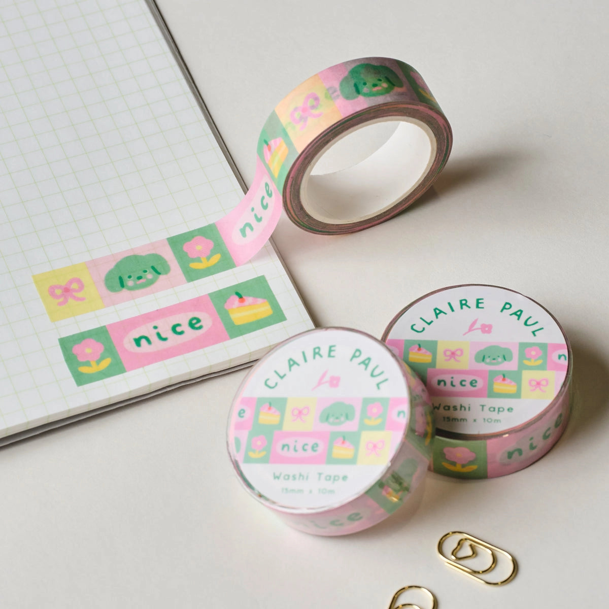 Very cute washi tape featuring nice little illustrations of a dog, cake, flower and bow!
This paper masking tape is perfect for decorating your bullet journal and planners, scrapbooking & gift wrapping. It'll add some fun and colour to any surface and is easy to peel off.
