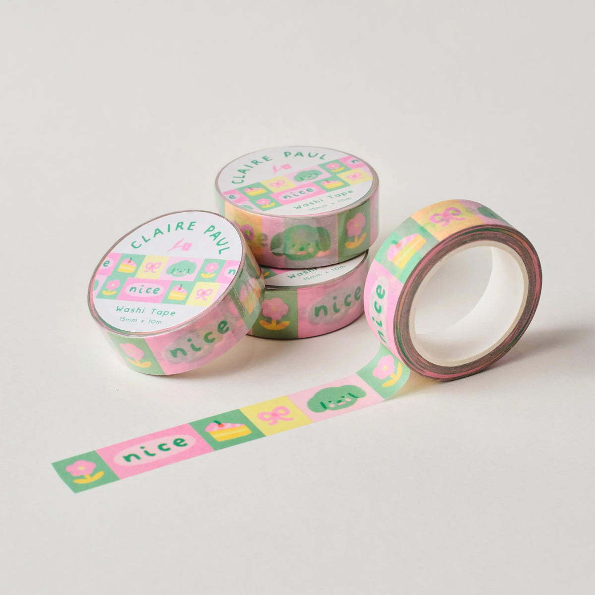 Very cute washi tape featuring nice little illustrations of a dog, cake, flower and bow!
This paper masking tape is perfect for decorating your bullet journal and planners, scrapbooking & gift wrapping. It'll add some fun and colour to any surface and is easy to peel off.