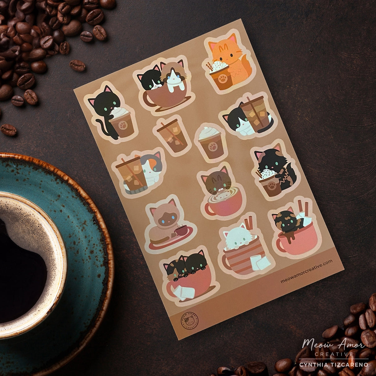 Hoja de pegatinas de gatos de café
