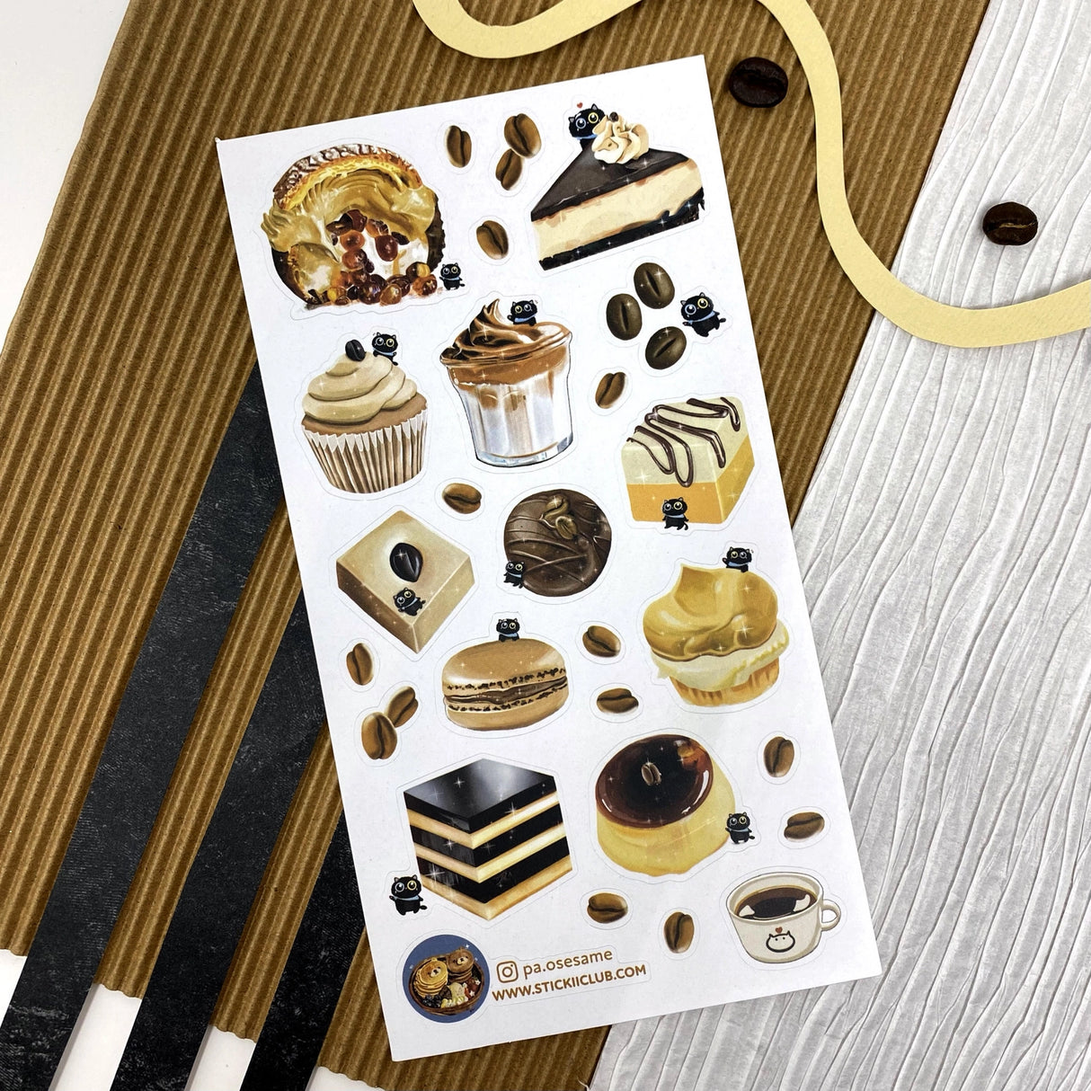 Someone somewhere decided coffee on its own wasn’t enough and a whole host of coffee-flavored sweeties were born! @pa.osesame ‘s little black cat loves them, and so do we.
Art by: @pa.osesame
Top Coating: None
Adhesive Layer: Paper
Backing Layer: Clear PET
6.69" x 3.54". Weight - 0.03lbs.
1 sheet included