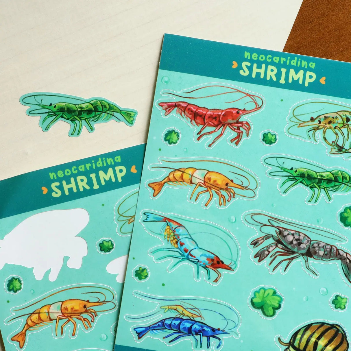 A sticker sheet full of various neocaridina shrimp, a dwarf lobster, nerite snail, and moss balls. 8 Total large stickers, and 6 moss ball stickers.
Waterproof vinyl sticker sheet, 5"x7"
14 Peelable stickers on each sheet
Durable and waterproof
Packaged in a clear plastic sleeve.