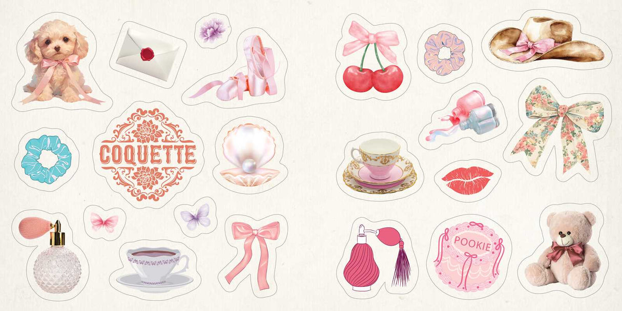 Celebrate your core coquette aesthetic with hundreds of stickers to decorate phones, laptops, ereaders, notebooks, and more in that very femme and demure style.
Ruffles and ribbons. Bows and ballet flats. Lace and lipstick prints. It’s time to let everyone know just how coquette you are. With Coquette Stickers, fans of all things frilly, flirty, and feminine will find over 500 stickers to decorate their lives in their own personal style. Add a touch of romance, whimsy, and vintage flair to everyday items l