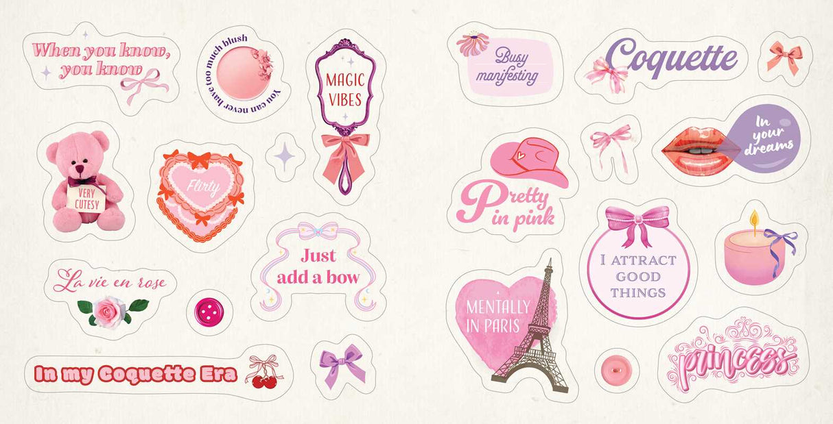 Celebrate your core coquette aesthetic with hundreds of stickers to decorate phones, laptops, ereaders, notebooks, and more in that very femme and demure style.
Ruffles and ribbons. Bows and ballet flats. Lace and lipstick prints. It’s time to let everyone know just how coquette you are. With Coquette Stickers, fans of all things frilly, flirty, and feminine will find over 500 stickers to decorate their lives in their own personal style. Add a touch of romance, whimsy, and vintage flair to everyday items l