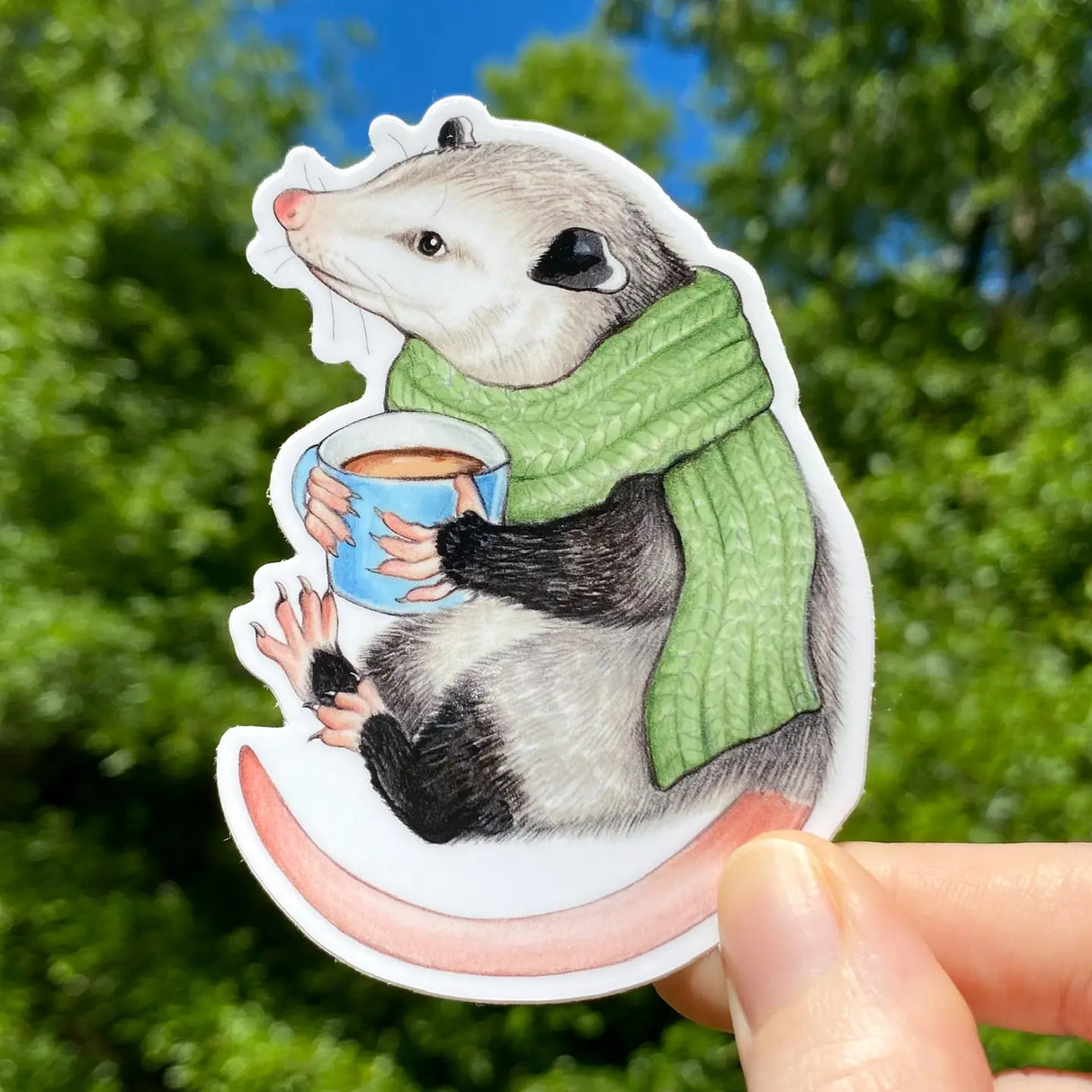 Cozy Opossum with Mug Vinyl Sticker