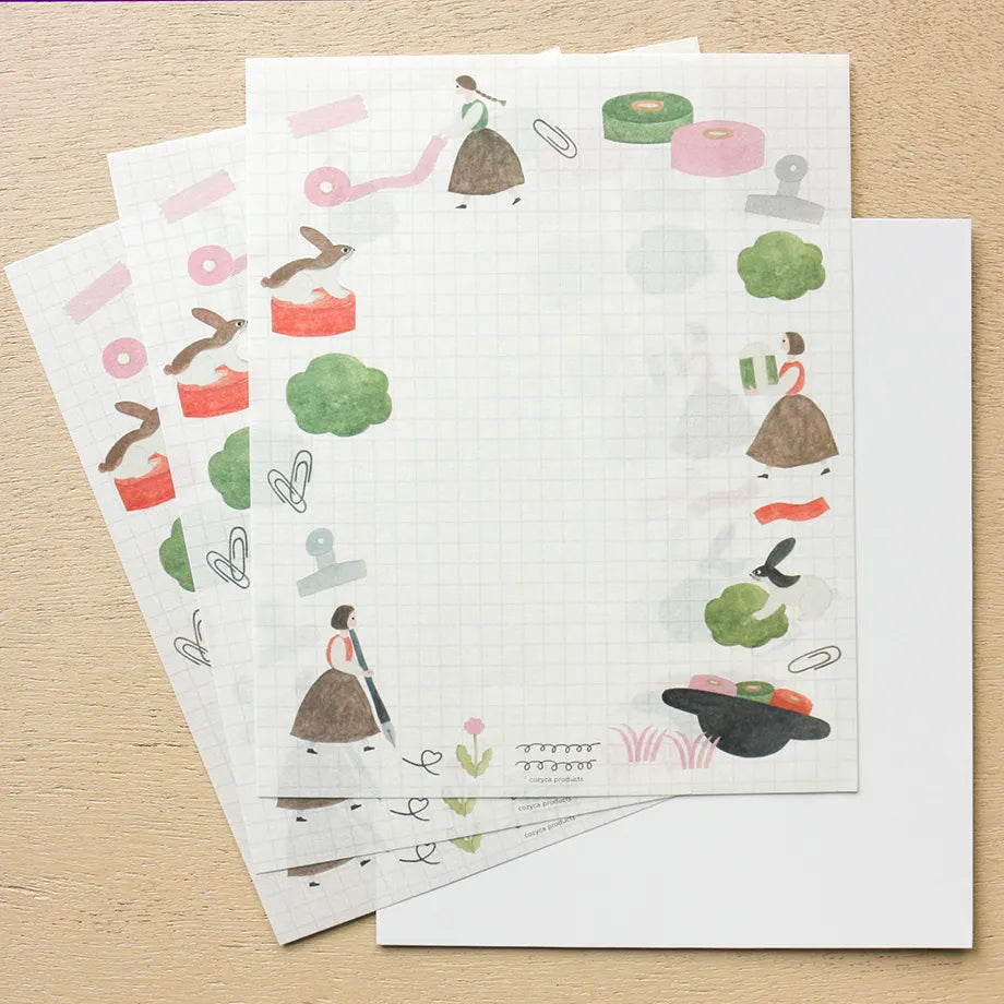A charming letter set designed by illustrator unit tie.
Maste, clips, pencils, etc... A desk full of stationery is like a field!
The illustrations full of humor are irresistibly cute.
It is made of Mino washi paper and has a gentle texture.
Mino washi stationery
12 pieces size: 145×181mm
Envelope 4 pieces size: 94×165mm