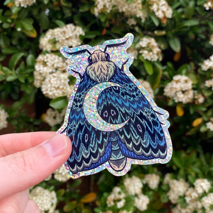 Crescent Moon Moth Glitter Sticker