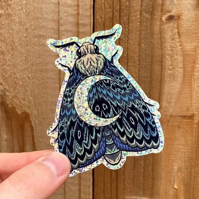 Crescent Moon Moth Glitter Sticker