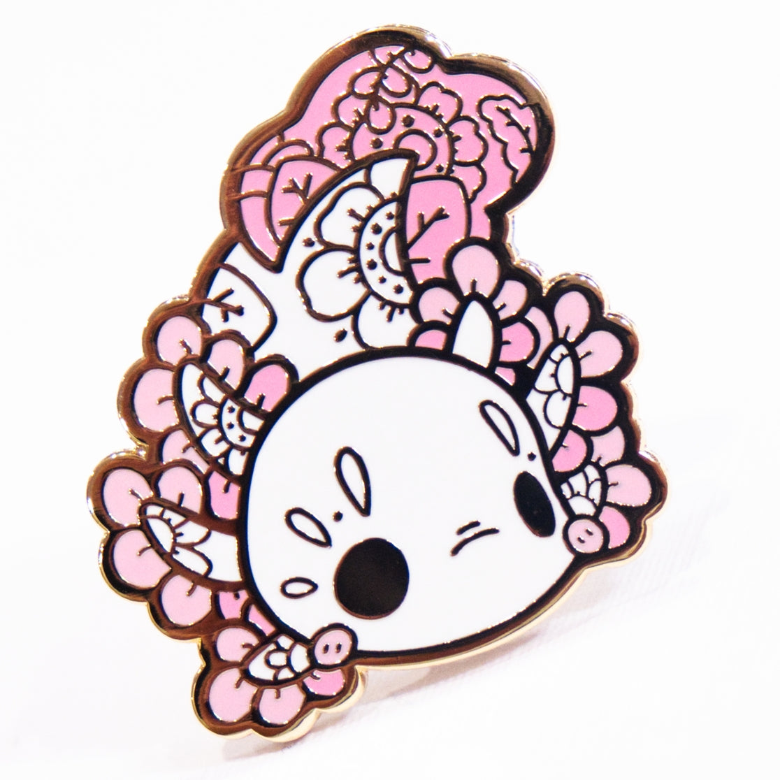 Cute Leusistic Axolotl Enamel Pin with Floral Decor