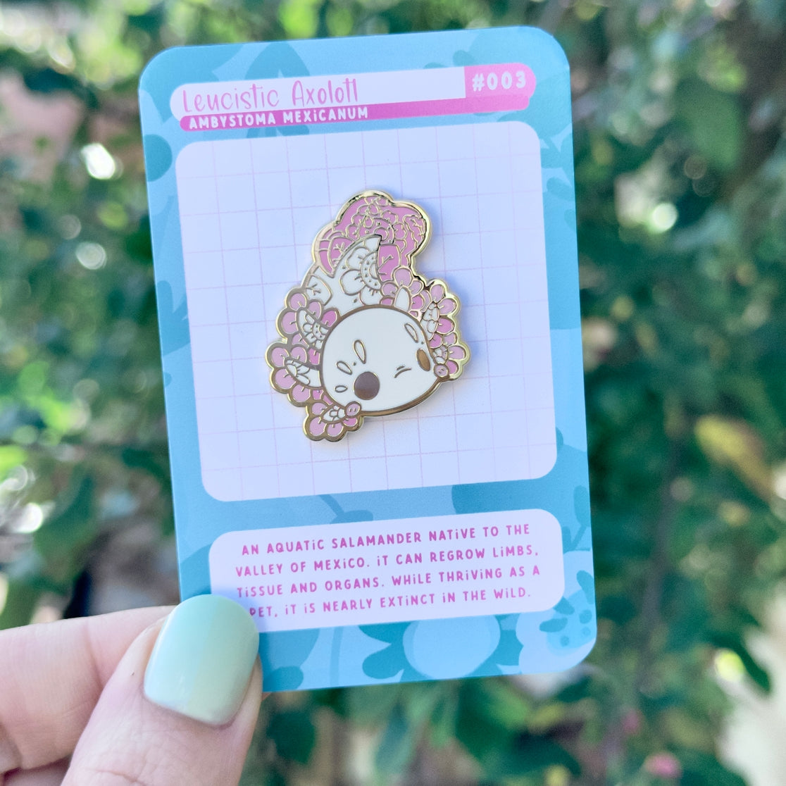 Cute Leusistic Axolotl Enamel Pin with Floral Decor
