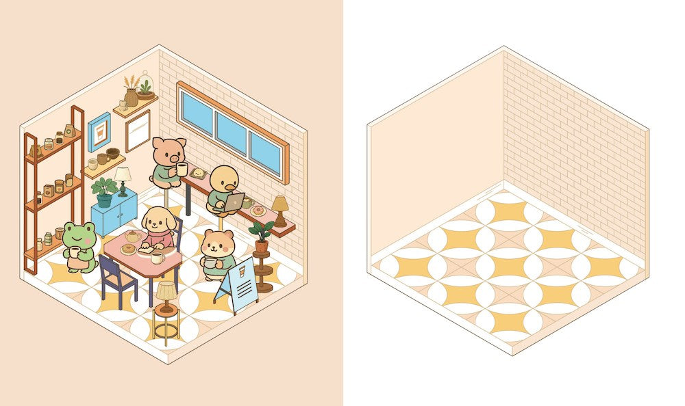 Create the coziest coffee shop imaginable, with six room sets and hundreds of stickers.
Welcome to a cozy world of absolute cuteness! Pick an empty space; furnish it, decorate it and fill it with furry little characters until it's a busy little coffee shop. Then carry on until you've created your own unique keepsake: there are six to complete in this book!