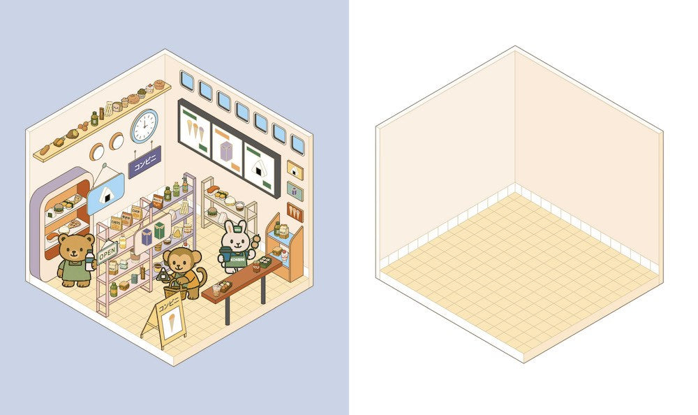 Create the coziest "konbini" convenience store imaginable, with six room sets and hundreds of stickers…
Welcome to a cozy world of absolute cuteness! Pick an empty space; furnish it, decorate it and fill it with furry little characters until it's a busy little convenience store. Then carry on until you've created your own unique keepsake: there are six to complete in this book!