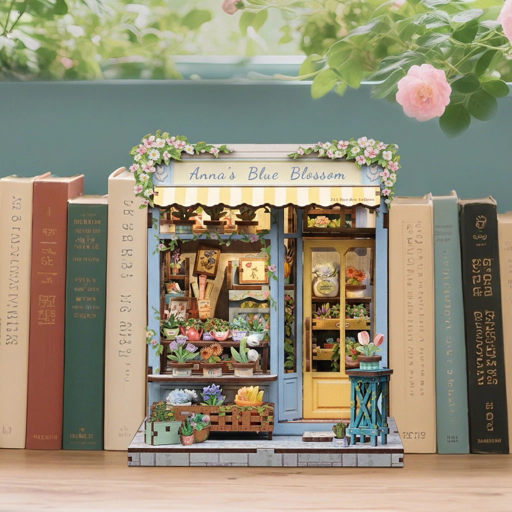 Step into the charm of a quaint flower shop with the Anna's Blue Blossom DIY Miniature Book Nook Kit. From the soft pastel storefront to the cheerful yellow door and overflowing baskets of vibrant blooms, every detail captures the essence of a dreamy neighborhood florist. Inside, shelves brim with blossoms, potted plants, and tiny gardening treasures, creating a warm and welcoming scene. The delicate floral canopy and cascading greenery add a fresh touch of life, making this kit feel like a stroll through a
