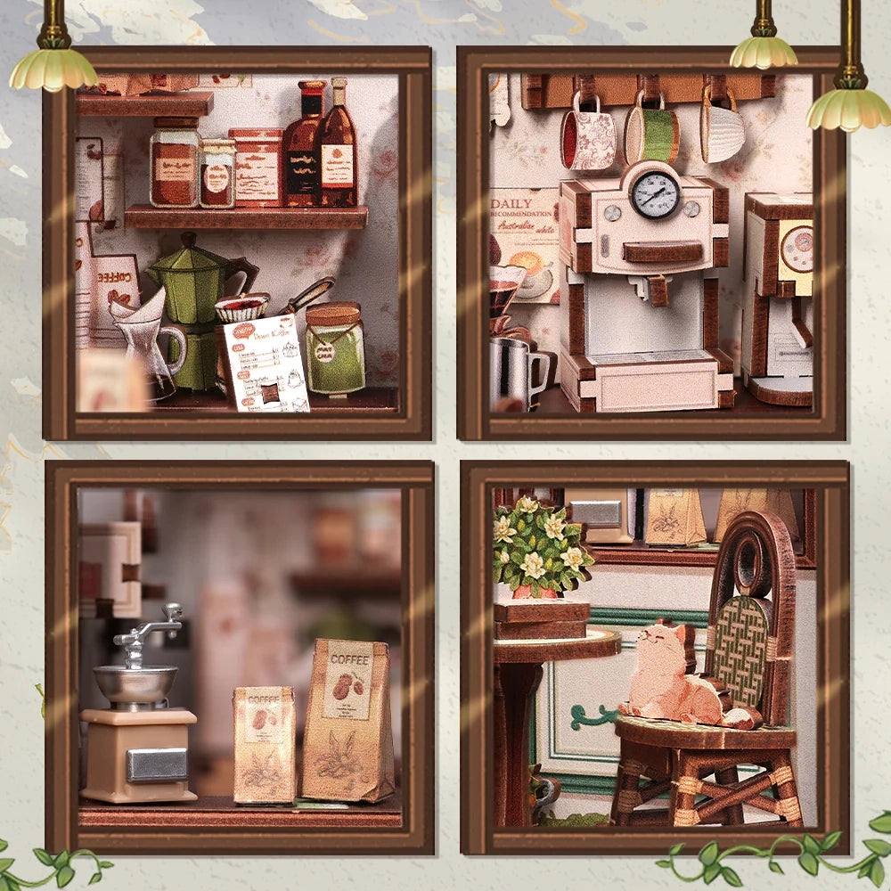 Pull up a chair and savor the cozy charm of the Sunny Café DIY Miniature Book Nook Kit. With its inviting storefront, charming green awning, and tiny outdoor café tables adorned with flowers, this kit captures the heart of a picturesque street-side café where stories and laughter are shared over warm cups of coffee. Peek inside to find shelves lined with pastries, steaming cups, and vintage-style décor that bring this miniature coffee shop to life. Every handcrafted detail, from the café signboard to the fl