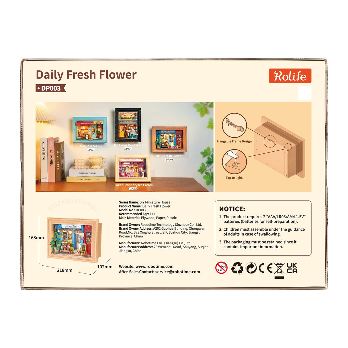 Daily Fresh Flower DIY miniature house
Assembly size: 218*82*168 mm
Package size: 287*217*108 mm
Pieces count: 183 pcs
Assembly time: 1.5 h
Item weight: 890 g
Age: 14+