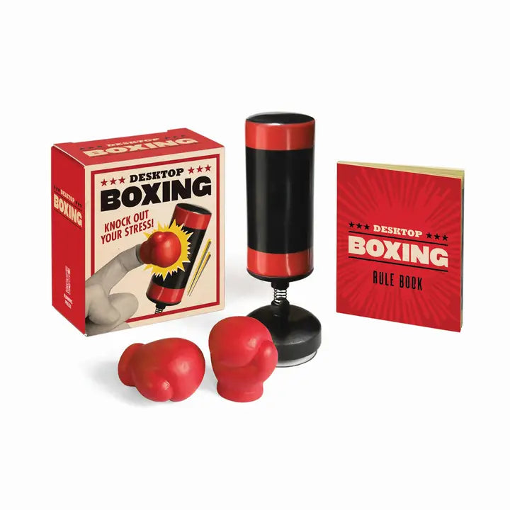 For boxing fans and desk jockeys alike, Desktop Boxing is the perfect desk accessory for fun yet effective stress relief. Don't take out your stress on your coworkers, take it out on this mini punching bag!
Box includes:
A mini desktop punching bag with suction cup base
Two tiny boxing gloves for your pointer fingers
A mini book with basic finger boxing moves and boxing trivia