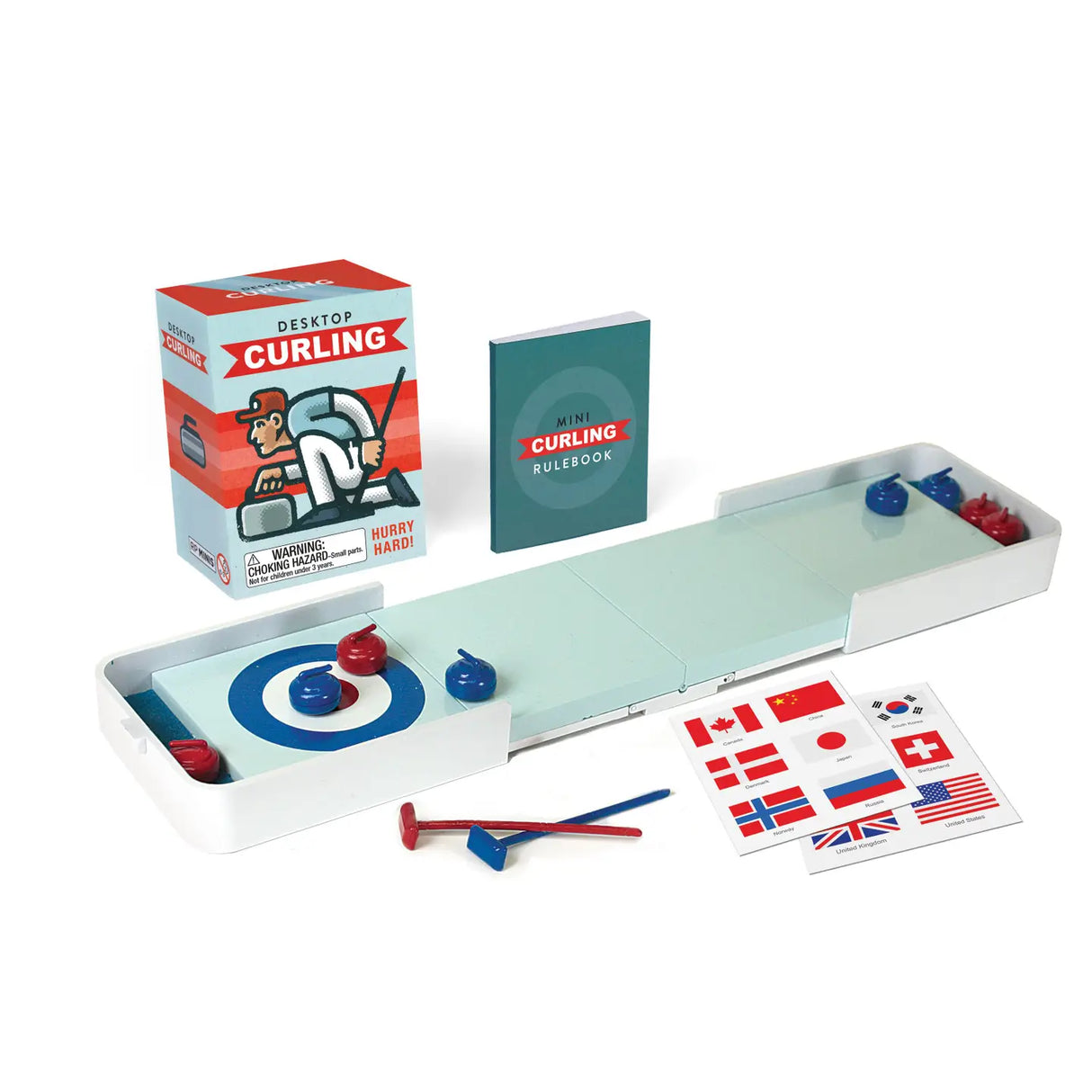 Hurl and sweep your way to fun with Desktop Curling!Challenge your friends and family to a game of patience and skill with this portable, miniature version of curling.
This kit includes:
12" extendable curling lane, with two platform inserts.
8 curling stones (4 red and 4 blue)
2 mini brooms
32-page illustrated mini book with the rules and history to this unique winter