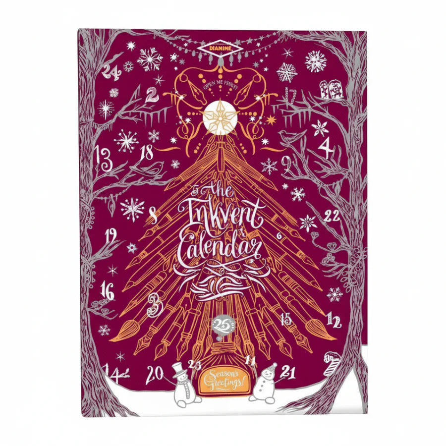 The Diamine InkVent Calendar 2026 is the ultimate treat for fountain pen ink fanatics (or, let’s face it, a well-deserved splurge for yourself!).
Behind each of the 24 doors is an ink bottle, with the first twenty-four days featuring a different 12ml plastic ink bottle, and the final day holding a 30ml plastic ink bottle. The Inkvent has been enhanced this year with swatch cards and a 26th door that will contain a unique collectable.
All the inks are brand new and include: Standard, Sheen, Extreme Sheen,