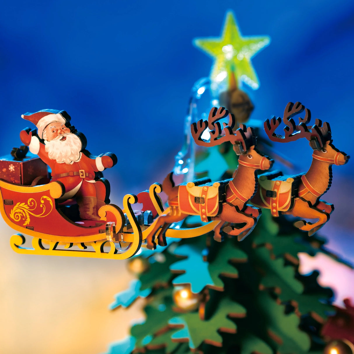 Bring the holiday magic to life with our DIY 3D wooden puzzle! Featuring a beautifully crafted Christmas tree, Santa in his sleigh, and adorable reindeer, this puzzle adds festive charm with a little train chugging around the tree.
Assemble the pieces and enjoy the satisfying click of each fit. Once complete, wind it up to hear "We Wish You a Merry Christmas," "Jingle Bells," and "Deck the Halls."