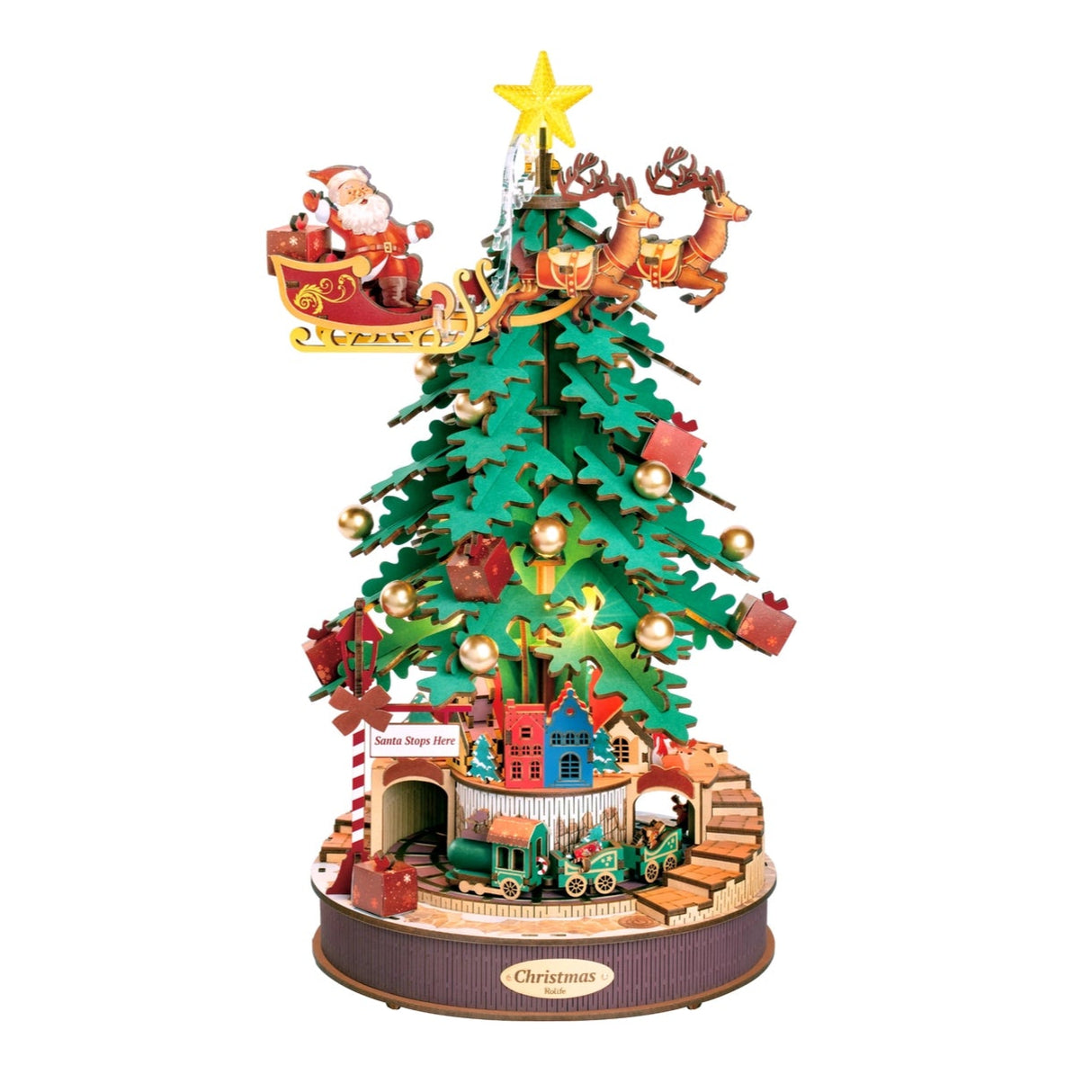 Bring the holiday magic to life with our DIY 3D wooden puzzle! Featuring a beautifully crafted Christmas tree, Santa in his sleigh, and adorable reindeer, this puzzle adds festive charm with a little train chugging around the tree.
Assemble the pieces and enjoy the satisfying click of each fit. Once complete, wind it up to hear "We Wish You a Merry Christmas," "Jingle Bells," and "Deck the Halls."