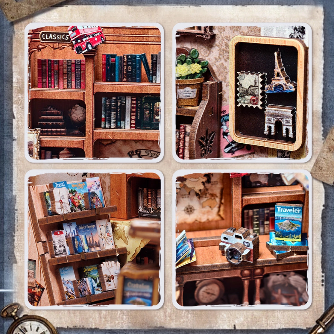 Inspired by the notion that "the meaning of travel is sharing," this charming book nook kit celebrates the power of storytelling, souvenirs, and cultural exchange. Visitors to this cozy bookshop explore a treasure trove of travelogues, handwritten postcards, globes, and keepsakes-each one brimming with whispered adventures from around the world. Let this miniature scene ignite your wanderlust, one tiny story at a time.