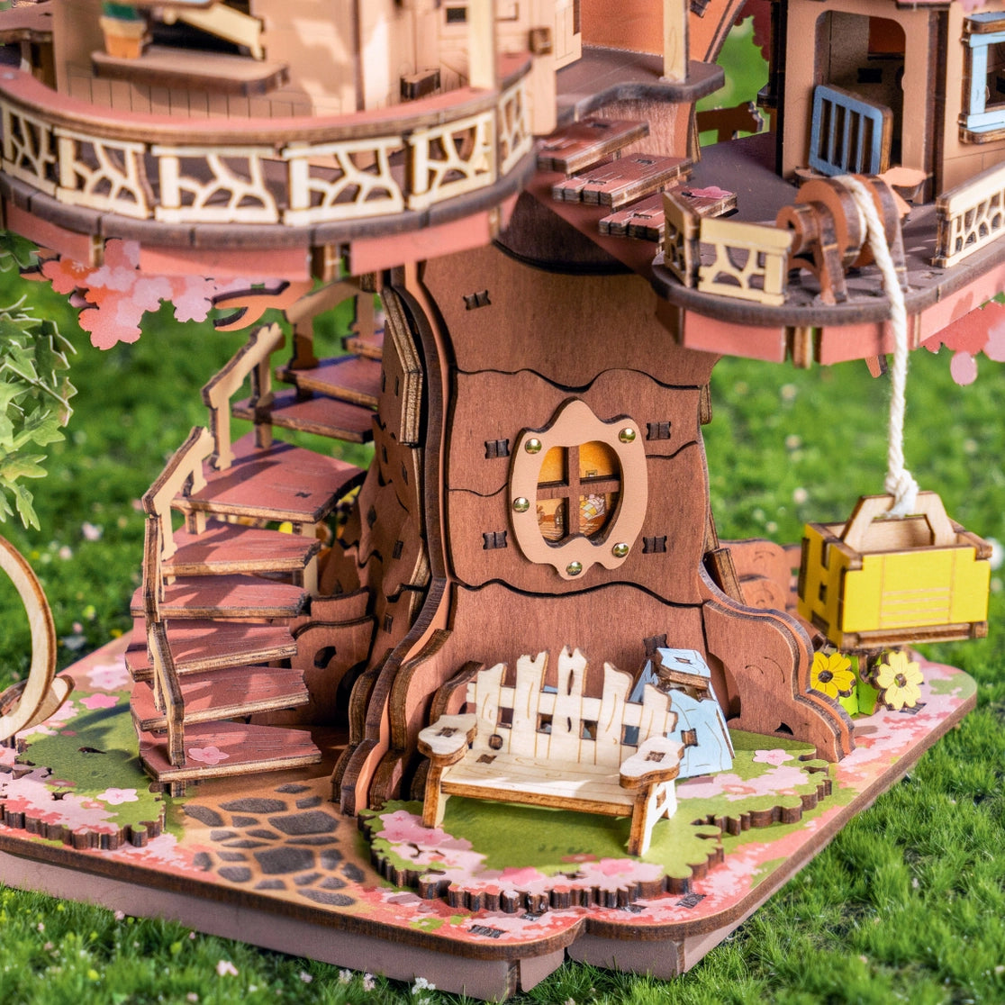 Craft a fairy sakura-scented retreat with this Rolife 3d puzzle! Delicate cherry blossoms, a swing, spiral stairs & lift basket channel —no plastic, just soul-soothing wood. The miniature kit brings adventure fantasies to life.
535-piece 3d puzzle click snugly without glue—just gentle pressure! (no nail-breaking snaps!). Enjoy 5 hours of immersive, stress-relieving fun with the miniature kit. Perfect for unwinding after work or sharing quality time with family.