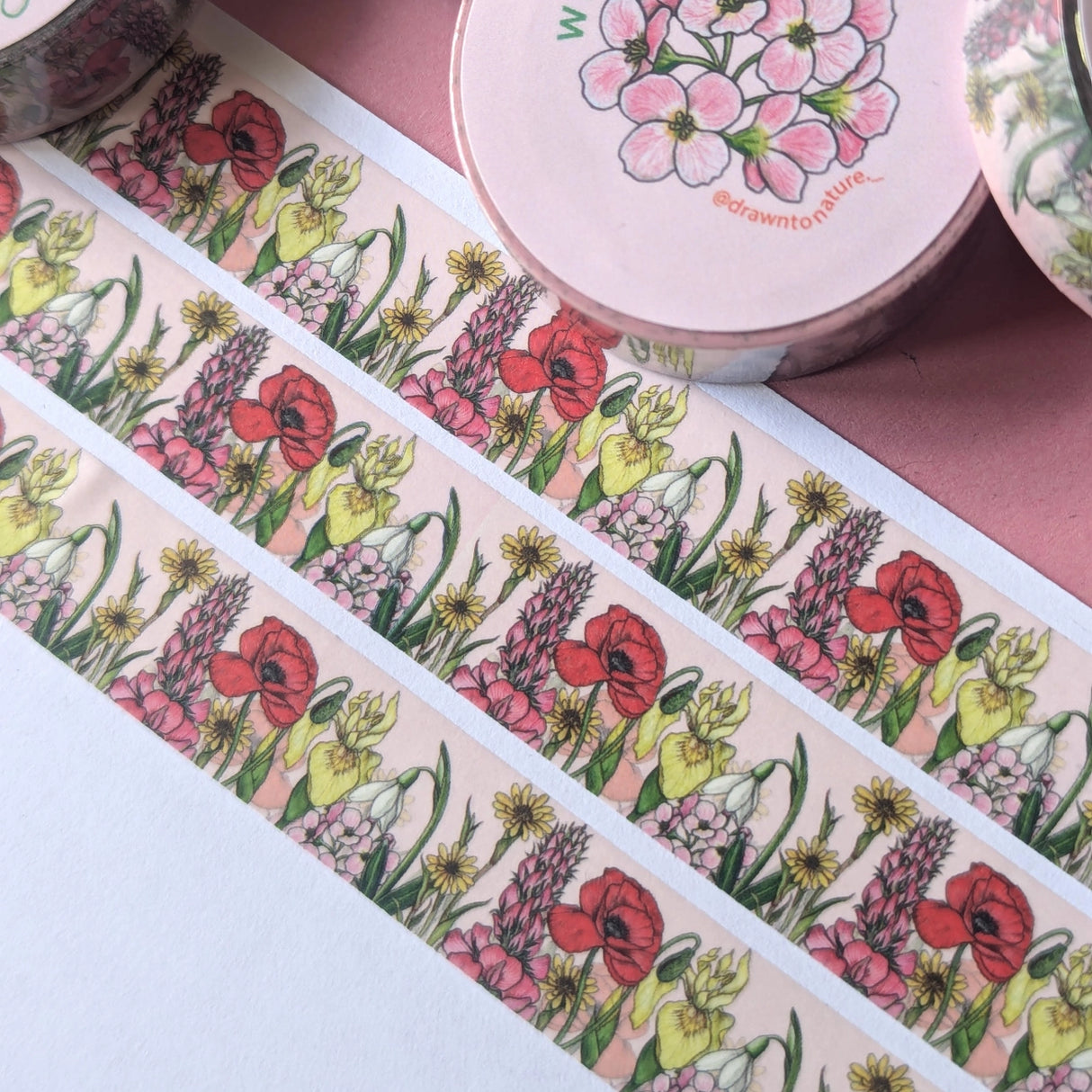 Wildflowers Washi Tape 🌼🌸💐
This decorative washi tape was designed using the illustrations from my new 'Wildflowers' print! Featuring a pale pink coloured background. Perfect for as a stationery lover gift, or to keep for yourself to decorate your bullet journal, planner or for scrapbooking!
This is a single sided paper washi tape, each comes wrapped in cello for extra protection
Size: - 1.5cm Wide x 10m Length