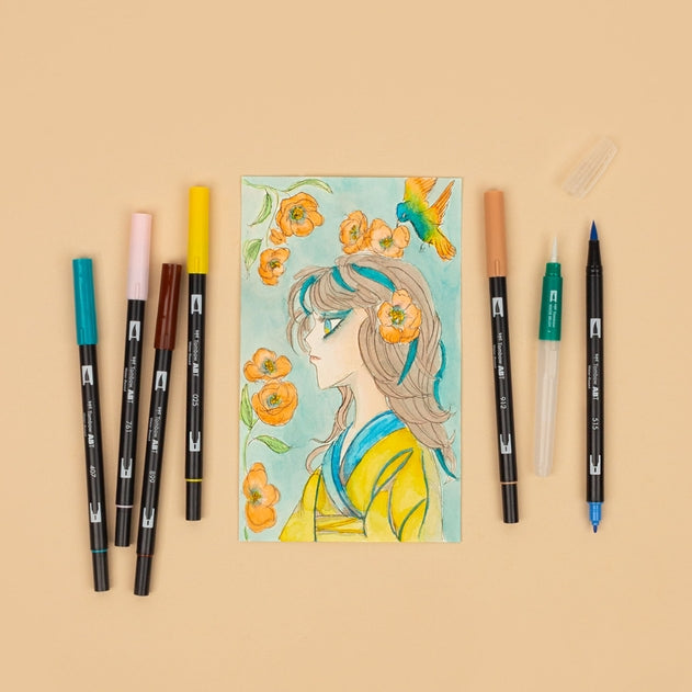 Dual Brush Pen Art Markers, Manga Illustration, Bird 6-Pack