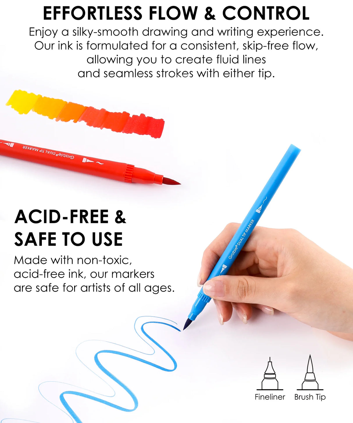 Ready to elevate your art? Grabie Art Supplies presents the ultimate set of 100 dual-tip sketch markers - the perfect partner for your creative journey. Each paint marker pen features both a flexible brush tip and a precise fineliner, giving you the power to create stunning illustrations, detailed journal entries, beautiful calligraphy, and professional drawings. Dive into vibrant color with these best markers for coloring and unlock limitless potential with Grabie Markers!