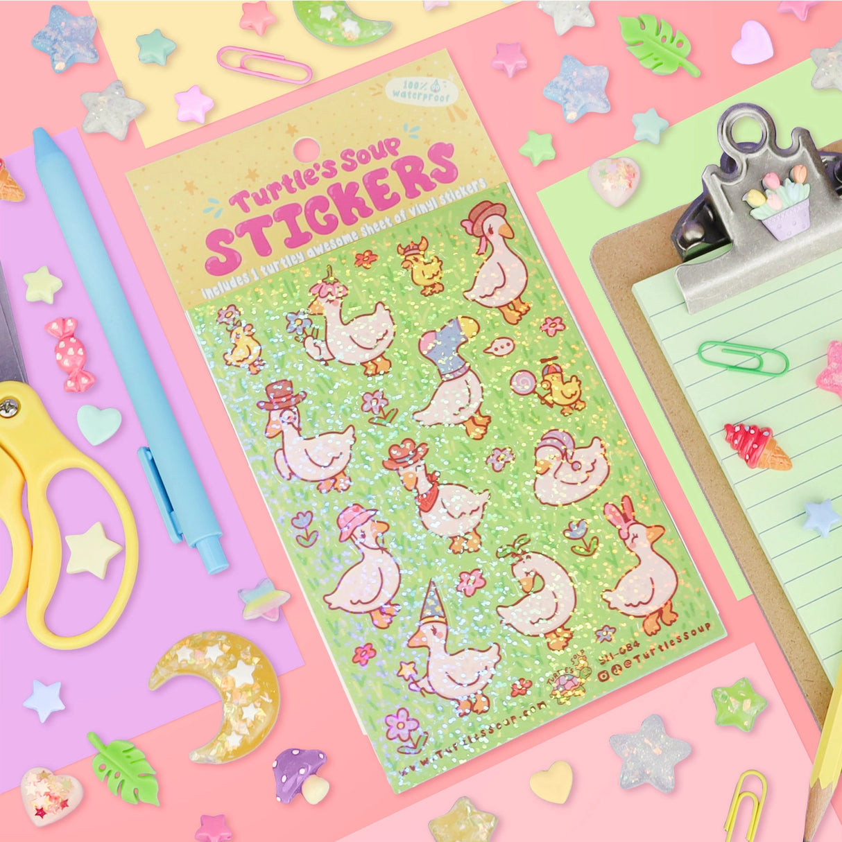 🐢 Our Kiss Cut Sticker Sheets are 4 inches by 6 inches and include one (1) sheet per package, with 10 to 20 individual waterproof, stickers on each.
🐢 Each sheet is enclosed in a sleeve with an art backing card and are retail-ready!
🐢 Stick them on water bottles, laptops, cars, coolers, helmets, skateboards, or just about any flat surface you can think of. 