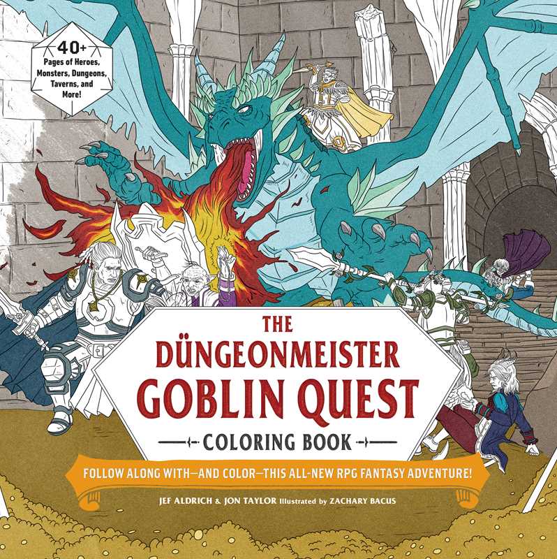 Follow a party of adventurers and color in their journey as they visit taverns, fight off monsters, and save the day in this coloring book-meets-RPG adventure made just for tabletop RPG players.
Düngeonmeister: The Goblin Quest Coloring Book is filled with coloring pages based on classic fantasy tabletop adventures, with playable game elements to inspire your next quest.
The coloring pages follow a party of heroes as they travel through their game world, encountering monsters, ambushes, and other adventur