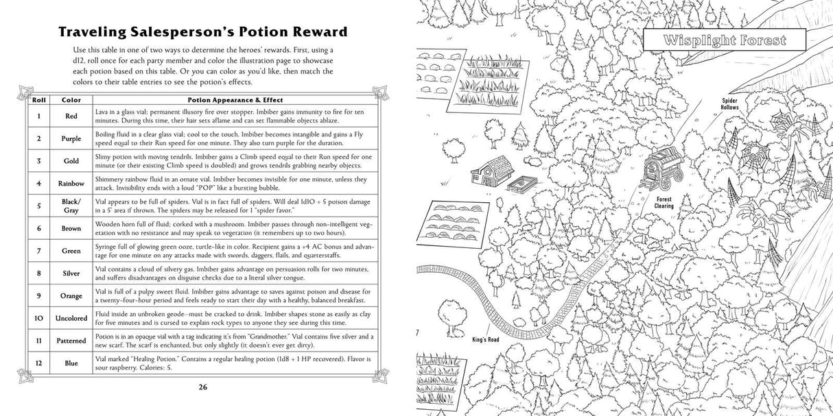 Follow a party of adventurers and color in their journey as they visit taverns, fight off monsters, and save the day in this coloring book-meets-RPG adventure made just for tabletop RPG players.
Düngeonmeister: The Goblin Quest Coloring Book is filled with coloring pages based on classic fantasy tabletop adventures, with playable game elements to inspire your next quest.
The coloring pages follow a party of heroes as they travel through their game world, encountering monsters, ambushes, and other adventur