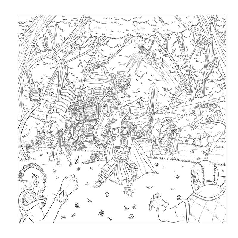 Follow a party of adventurers and color in their journey as they visit taverns, fight off monsters, and save the day in this coloring book-meets-RPG adventure made just for tabletop RPG players.
Düngeonmeister: The Goblin Quest Coloring Book is filled with coloring pages based on classic fantasy tabletop adventures, with playable game elements to inspire your next quest.
The coloring pages follow a party of heroes as they travel through their game world, encountering monsters, ambushes, and other adventur