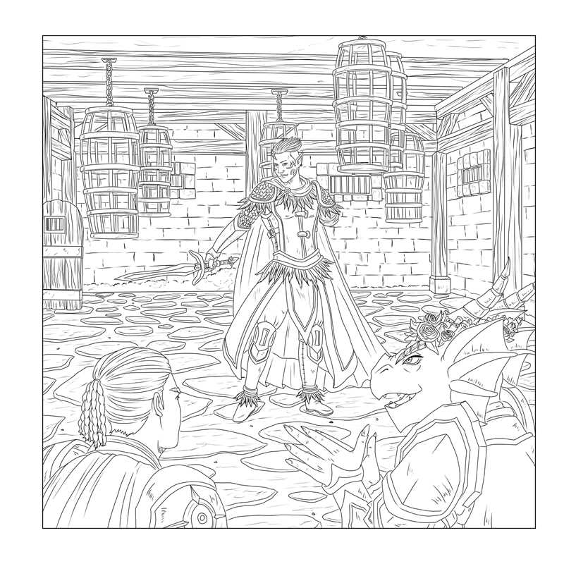 Follow a party of adventurers and color in their journey as they visit taverns, fight off monsters, and save the day in this coloring book-meets-RPG adventure made just for tabletop RPG players.
Düngeonmeister: The Goblin Quest Coloring Book is filled with coloring pages based on classic fantasy tabletop adventures, with playable game elements to inspire your next quest.
The coloring pages follow a party of heroes as they travel through their game world, encountering monsters, ambushes, and other adventur