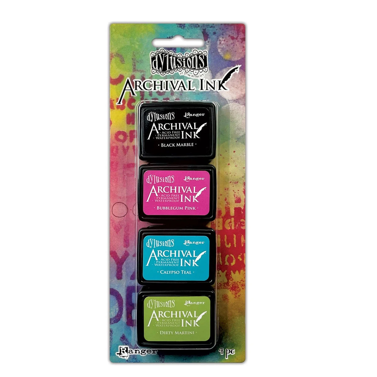 Mini Dylusions Archival Ink Pads are waterproof acid- free dye inks featuring the classic Dylusions color palette in the same fade resistant formula used in Ranger Archival Ink. Archival Inks are permanent on many surfaces providing long lasting detailed stamping results that won't bleed when used with water-based inks, markers, acrylic paint and watercolors.