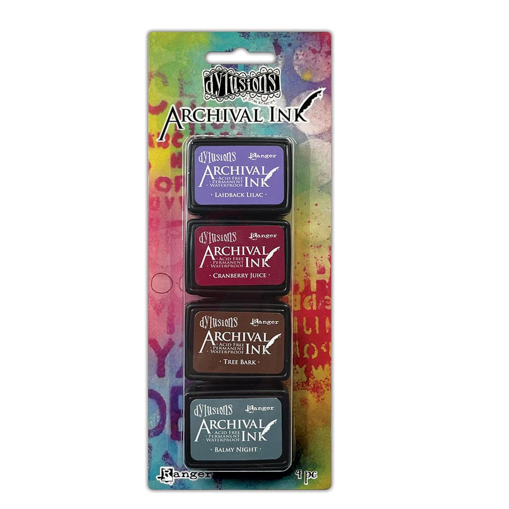 Mini Dylusions Archival Ink Pads are waterproof acid- free dye inks featuring the classic Dylusions color palette in the same fade resistant formula used in Ranger Archival Ink. Archival Inks are permanent on many surfaces providing long lasting detailed stamping results that won't bleed when used with water-based inks, markers, acrylic paint and watercolors.