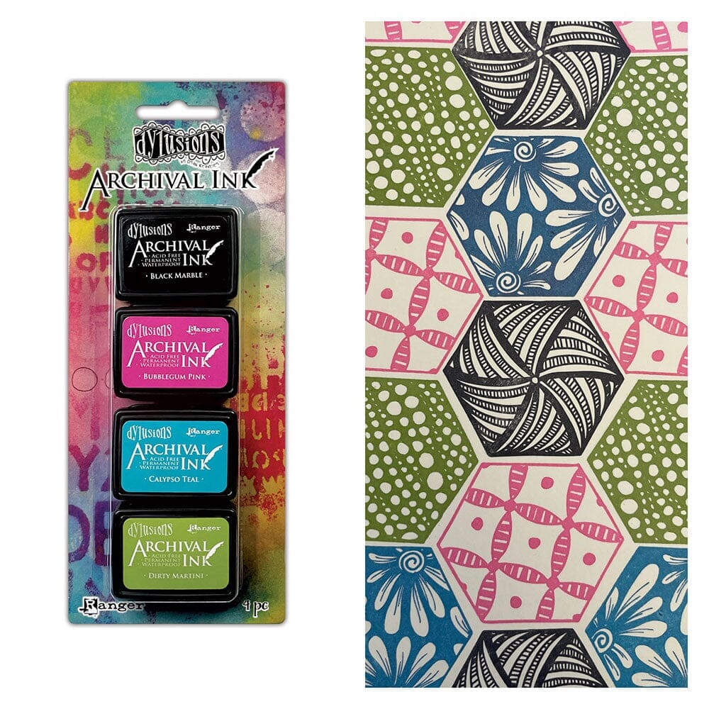 Mini Dylusions Archival Ink Pads are waterproof acid- free dye inks featuring the classic Dylusions color palette in the same fade resistant formula used in Ranger Archival Ink. Archival Inks are permanent on many surfaces providing long lasting detailed stamping results that won't bleed when used with water-based inks, markers, acrylic paint and watercolors.