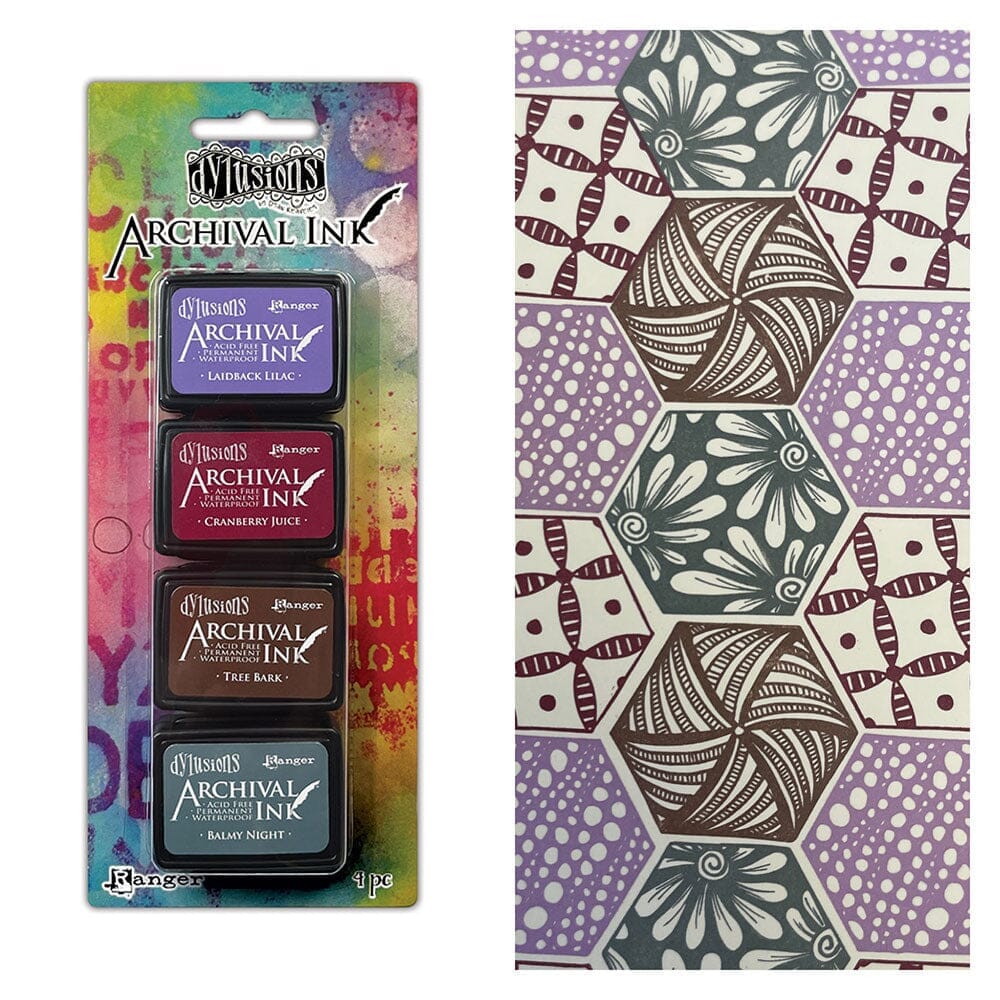 Mini Dylusions Archival Ink Pads are waterproof acid- free dye inks featuring the classic Dylusions color palette in the same fade resistant formula used in Ranger Archival Ink. Archival Inks are permanent on many surfaces providing long lasting detailed stamping results that won't bleed when used with water-based inks, markers, acrylic paint and watercolors.