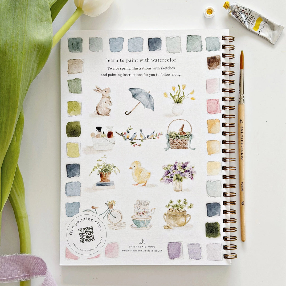 Twelve spring illustrations — a bunny, baby chick, tulips, lilacs, an Easter basket, a bicycle with flowers, and more — each pre-outlined with step-by-step instructions. Paintings take about thirty minutes from start to finish, making it approachable for first-time painters and a favorite for gifting.
Enjoy this peaceful painting hobby on your own, with children, or with friends. Makes a wonderful gift and is perfect for artists of any age.
Details:
12 beginner-friendly illustrations
Thick 120lb watercolo