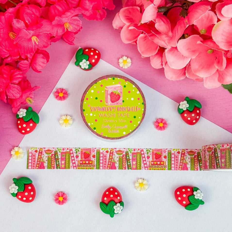 Add a pop of strawberry fun to your projects with our adorable Strawberry Bookshelf washi tape! Perfect for using in your planner, crafts, scrapbooking, and creative decorating, this cute washi tape sticks securely yet removes cleanly without damage.
Details:
Size: 15mm width x 10m length
Removable Washi Tape
Slightly Transparent
Features my hand drawn design as a repeat pattern