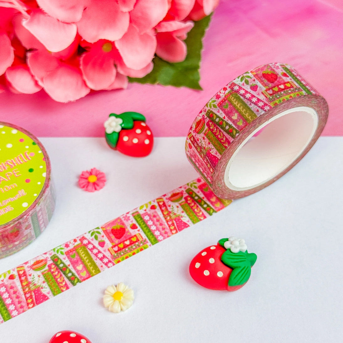 Add a pop of strawberry fun to your projects with our adorable Strawberry Bookshelf washi tape! Perfect for using in your planner, crafts, scrapbooking, and creative decorating, this cute washi tape sticks securely yet removes cleanly without damage.
Details:
Size: 15mm width x 10m length
Removable Washi Tape
Slightly Transparent
Features my hand drawn design as a repeat pattern