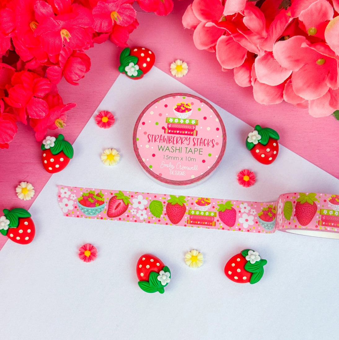 Add a pop of strawberry fun to your projects with our adorable Strawberry Stacks washi tape! Perfect for using in your planner, crafts, scrapbooking, and creative decorating, this cute washi tape sticks securely yet removes cleanly without damage.
Details:
Size: 15mm width x 10m length
Removable Washi Tape
Slightly Transparent
Features my hand drawn design as a repeat pattern