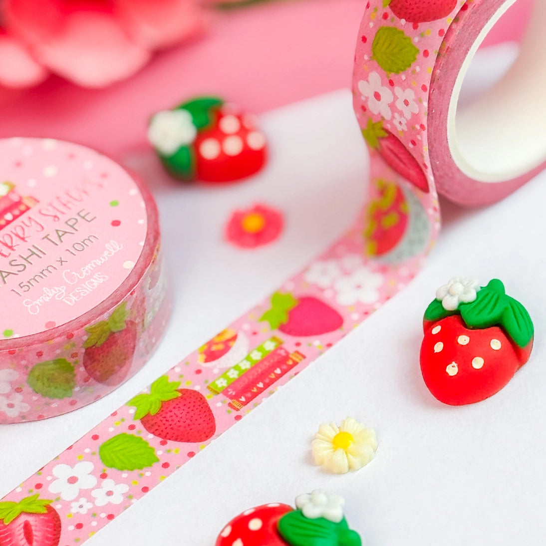 Add a pop of strawberry fun to your projects with our adorable Strawberry Stacks washi tape! Perfect for using in your planner, crafts, scrapbooking, and creative decorating, this cute washi tape sticks securely yet removes cleanly without damage.
Details:
Size: 15mm width x 10m length
Removable Washi Tape
Slightly Transparent
Features my hand drawn design as a repeat pattern