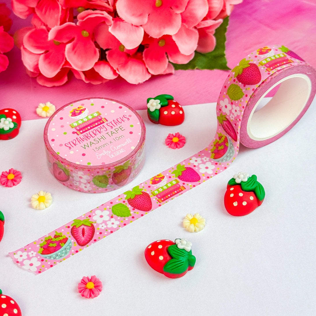 Add a pop of strawberry fun to your projects with our adorable Strawberry Stacks washi tape! Perfect for using in your planner, crafts, scrapbooking, and creative decorating, this cute washi tape sticks securely yet removes cleanly without damage.
Details:
Size: 15mm width x 10m length
Removable Washi Tape
Slightly Transparent
Features my hand drawn design as a repeat pattern