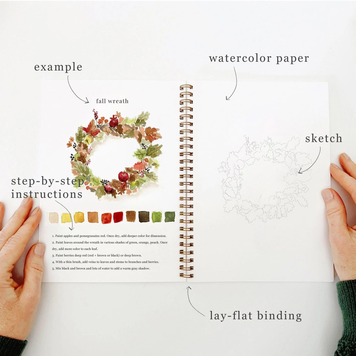 Twelve autumn illustrations — a pumpkin, squirrel, fall leaves, vintage truck, mum bouquet, fall wreath, and more — each pre-outlined with step-by-step instructions. Paintings take about thirty minutes from start to finish, making it approachable for first-time painters and a favorite for gifting.
12 beginner-friendly illustrations
Thick 120lb watercolor paper
Lay-flat pages with spiral binding for hassle-free painting and easy tear-out
Lightly outlined sketches to guide you
Easy to carry