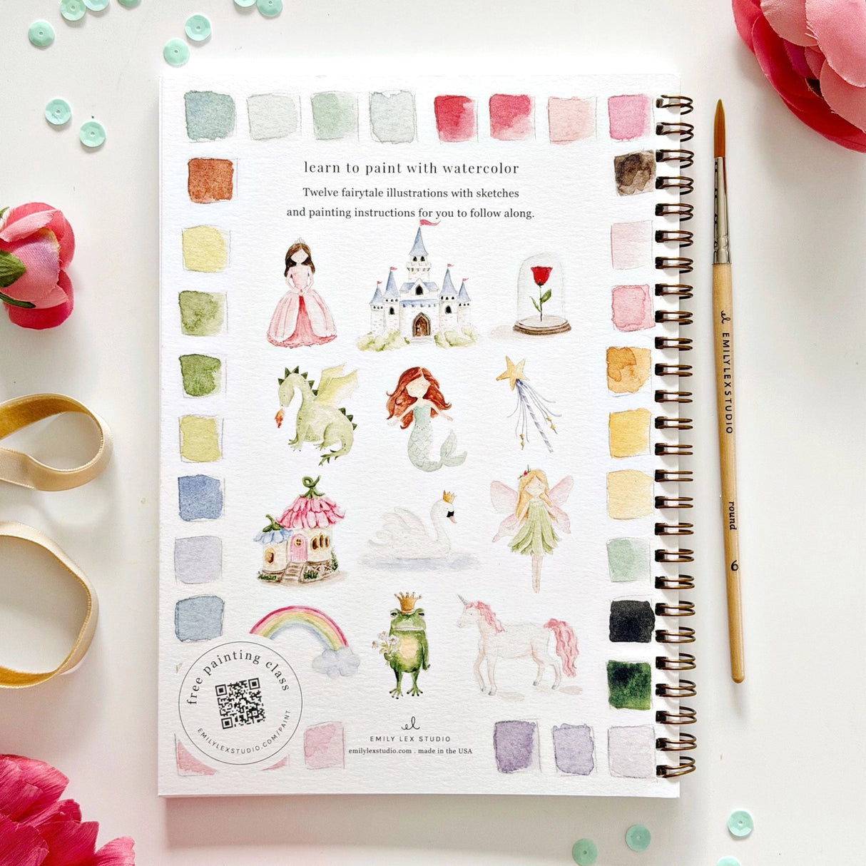 Twelve storybook illustrations — a princess, castle, dragon, mermaid, fairy, unicorn, and more — each pre-outlined with step-by-step instructions. Paintings take about thirty minutes from start to finish, making it a favorite for young painters and the grown-ups who paint alongside them.
12 beginner-friendly illustrations
Thick 120lb watercolor paper
Lay-flat pages with spiral binding for hassle-free painting and easy tear-out
Lightly outlined sketches to guide you
Easy to carry, travel-r